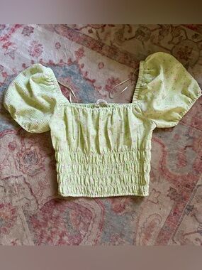 Elodie Light Green Smocked Puff-Sleeve Crop Top with Pink Floral
